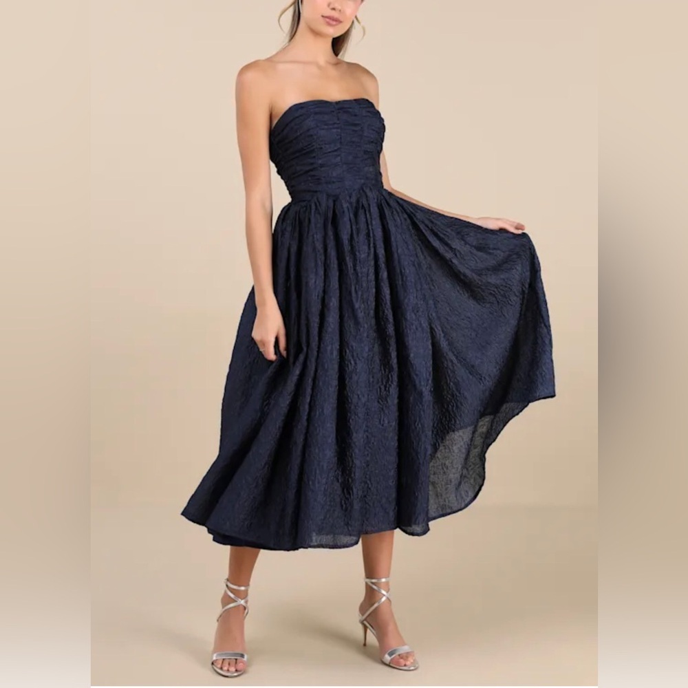 Lulus Analeia Dark Navy Jacquard Lace-Up Strapless Midi Dress Size S